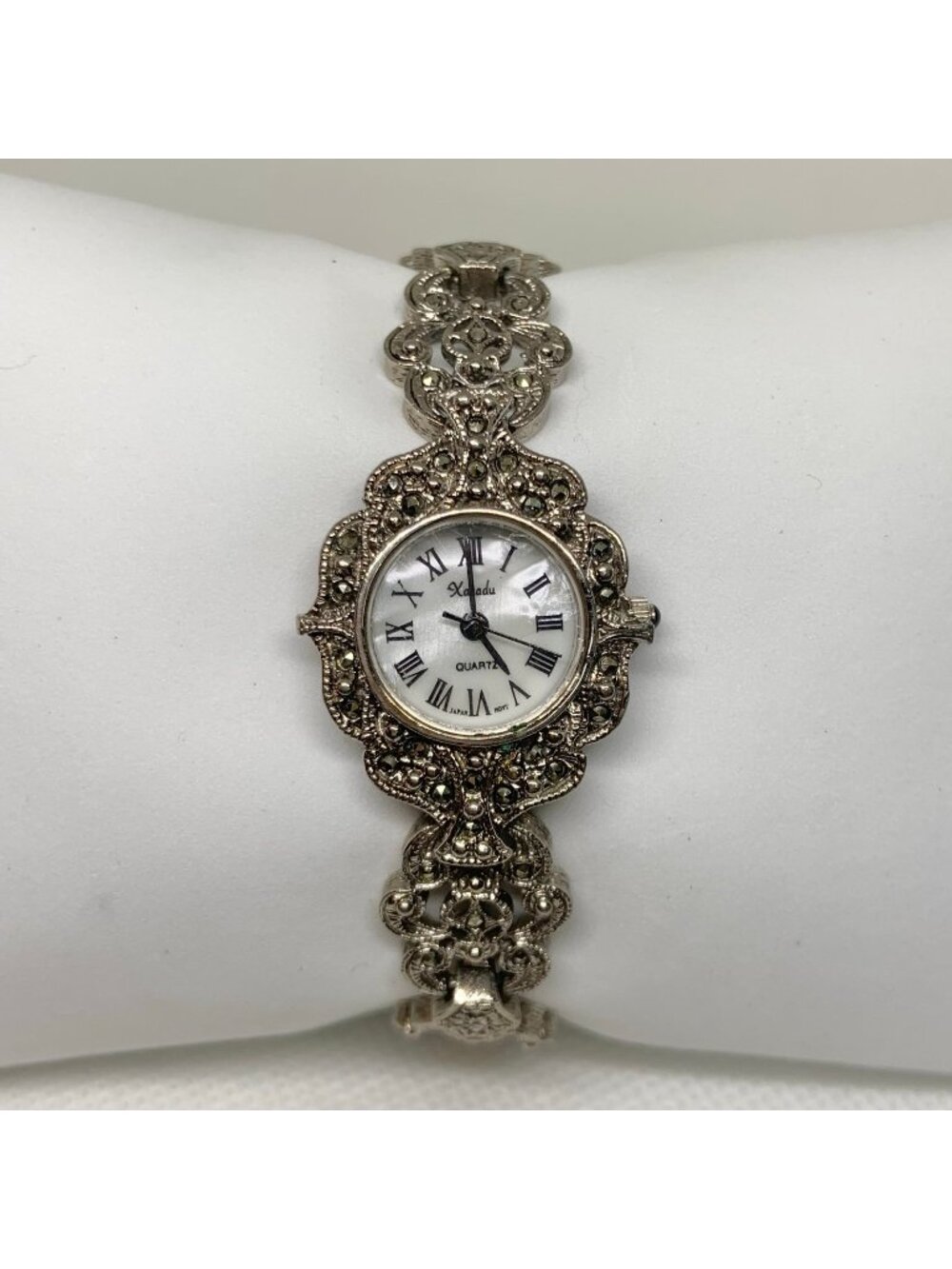 Xanadu silver tone Marcasite women watch vintage 20mm quartz mop dial 6” running